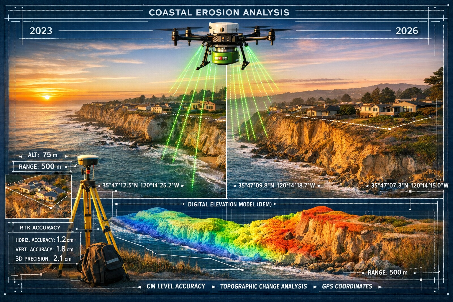 Detailed landscape format (1536x1024) image showing LiDAR-equipped drone surveying eroding coastal cliff with visible laser scanning beams i
