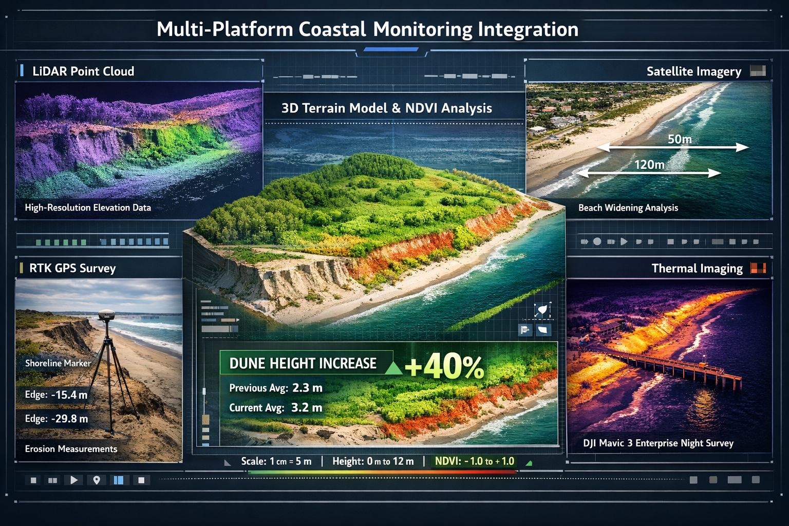 Detailed landscape format (1536x1024) infographic showing multi-platform coastal monitoring integration with four quadrants: LiDAR point clo