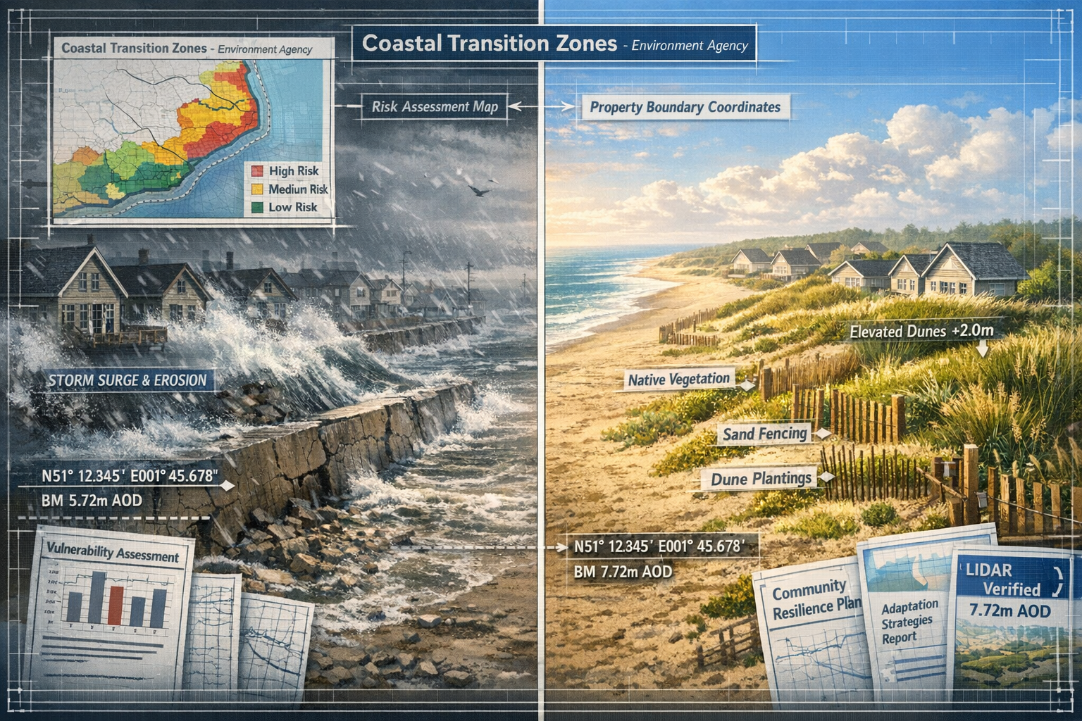 Detailed landscape format (1536x1024) image showing coastal adaptation strategies with before-after comparison: left side shows traditional 