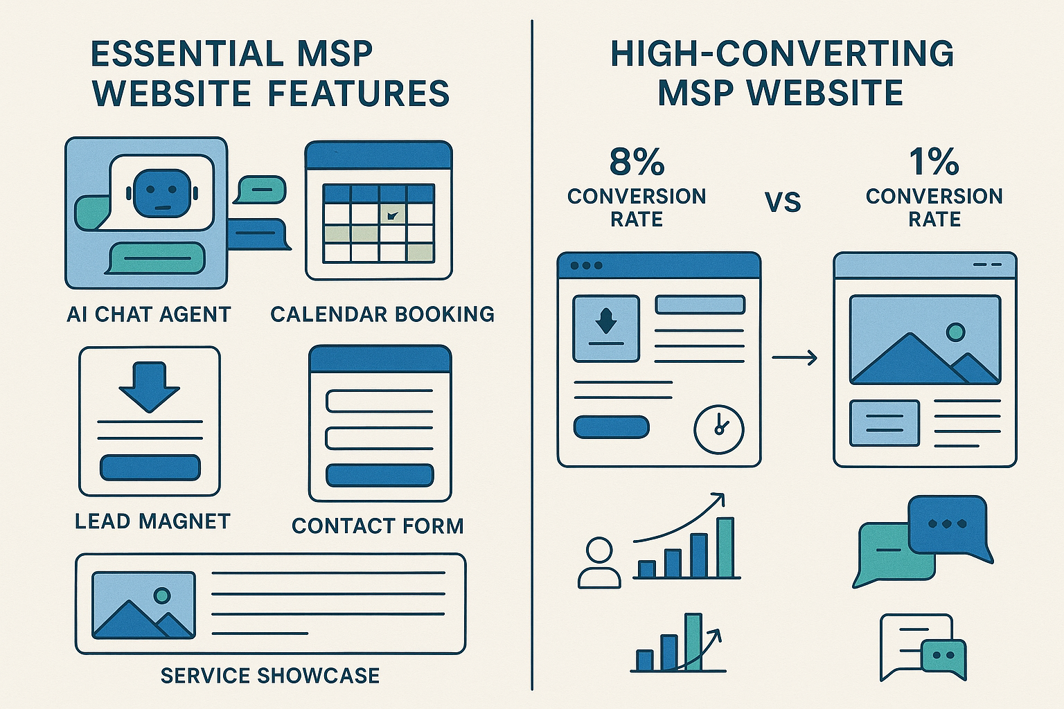Detailed infographic showing essential MSP website features with visual icons and descriptions: AI chat agent interface with speech bubbles,