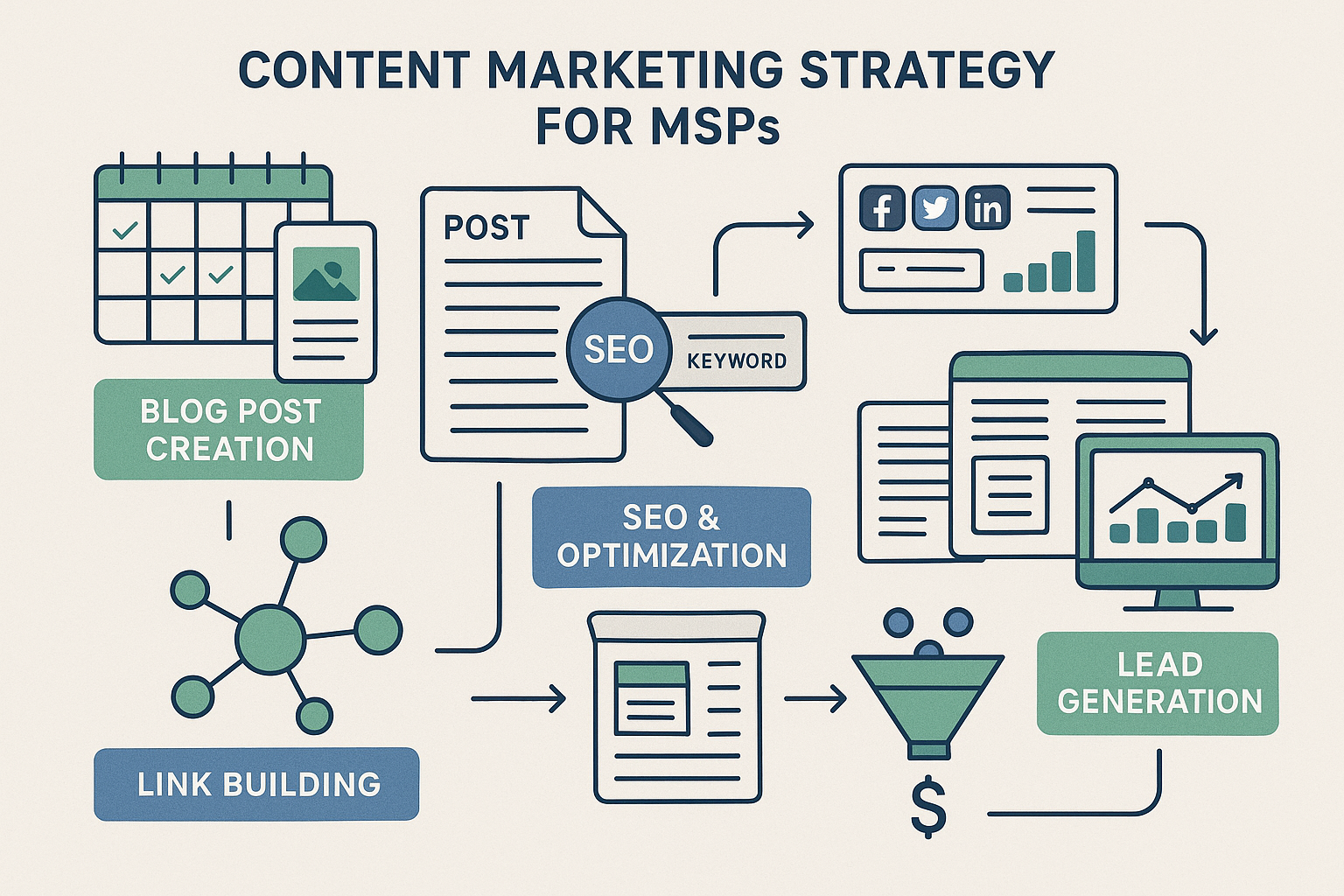 Content marketing strategy visualization for MSPs showing blog post creation workflow, SEO article optimization process, backlink building n
