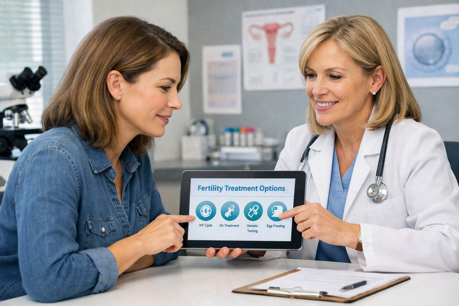 Landscape format (1536x1024) image illustrating a woman in her early 40s consulting with a fertility specialist (doctor in a white coat) in 