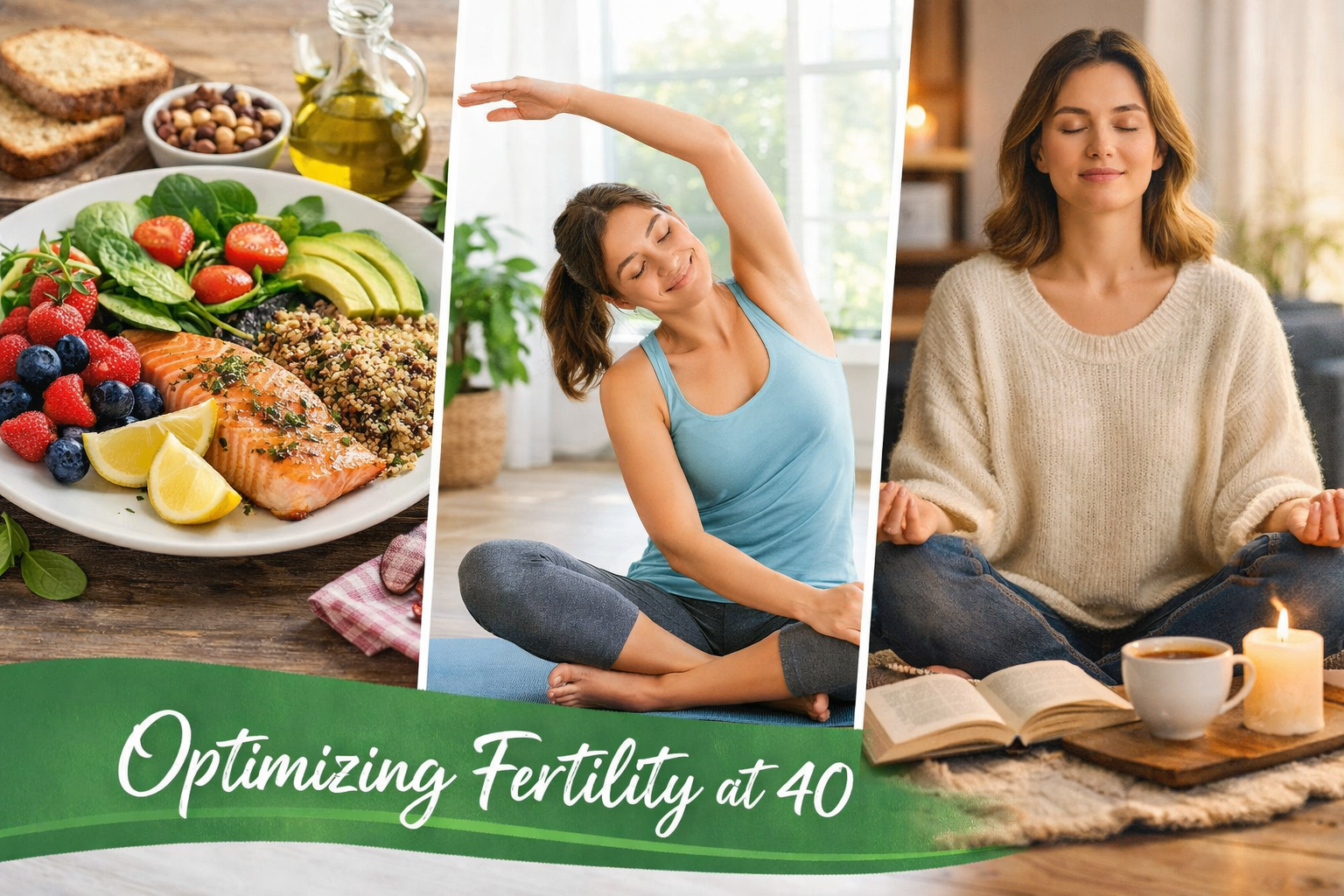 Landscape format (1536x1024) image showcasing a variety of lifestyle factors contributing to fertility. This could be a collage or a split-s