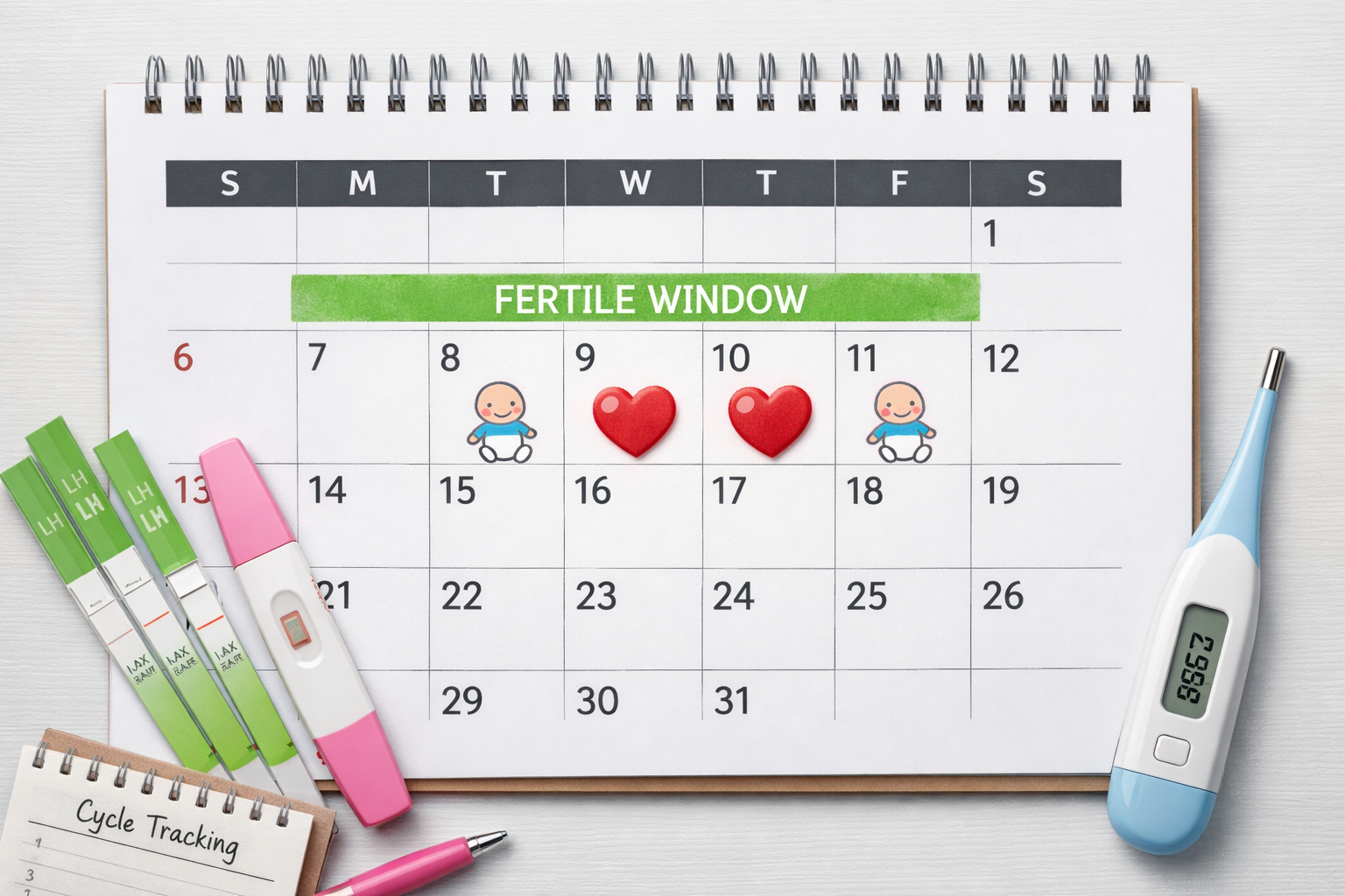 Landscape format (1536x1024) image featuring a calendar with marked 'fertile window' days, alongside ovulation predictor kits (OPKs) and a b