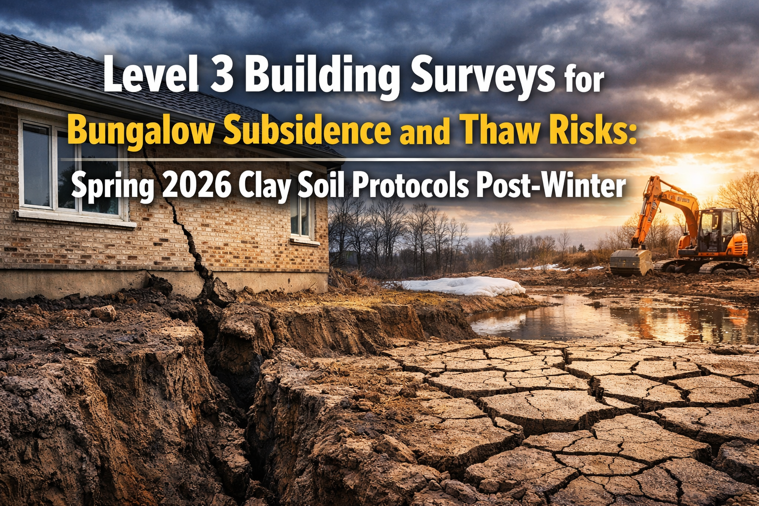 Professional landscape hero image () with : "Level 3 Building Surveys for Bungalow Subsidence and Thaw Risks: Spring 2026