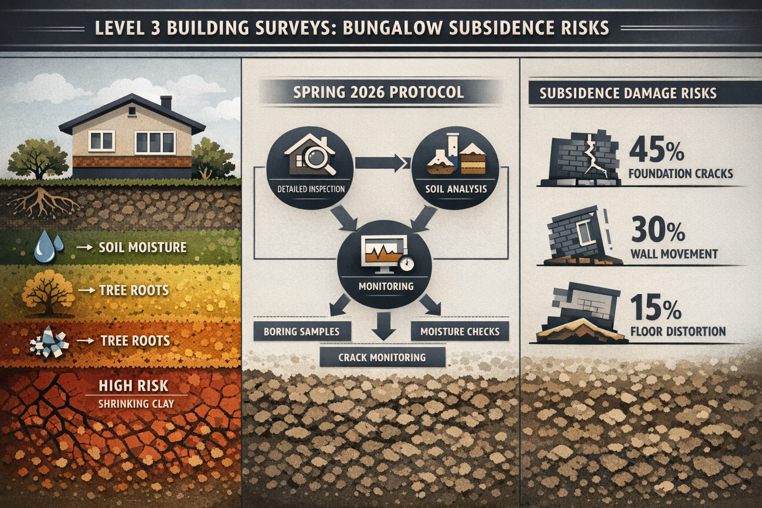 Comprehensive infographic visualizing key takeaways of Level 3 Building Surveys for bungalow subsidence risks, featuring a