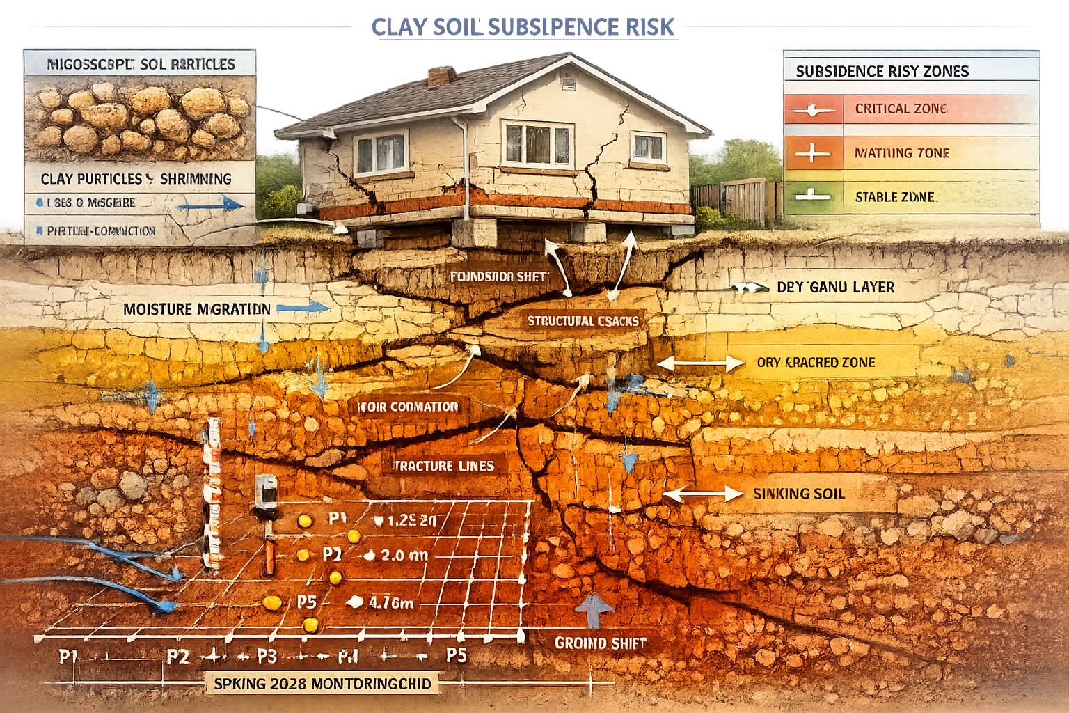 Detailed cutaway illustration of a bungalow foundation revealing clay soil subsidence vulnerability, showcasing geological