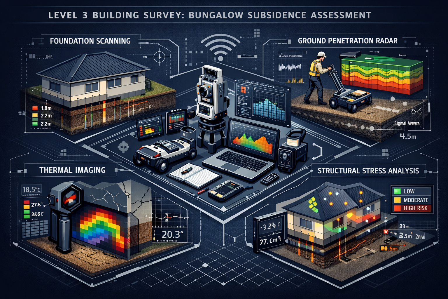 Professional technical survey visualization depicting Level 3 Building Survey methodology for bungalow subsidence