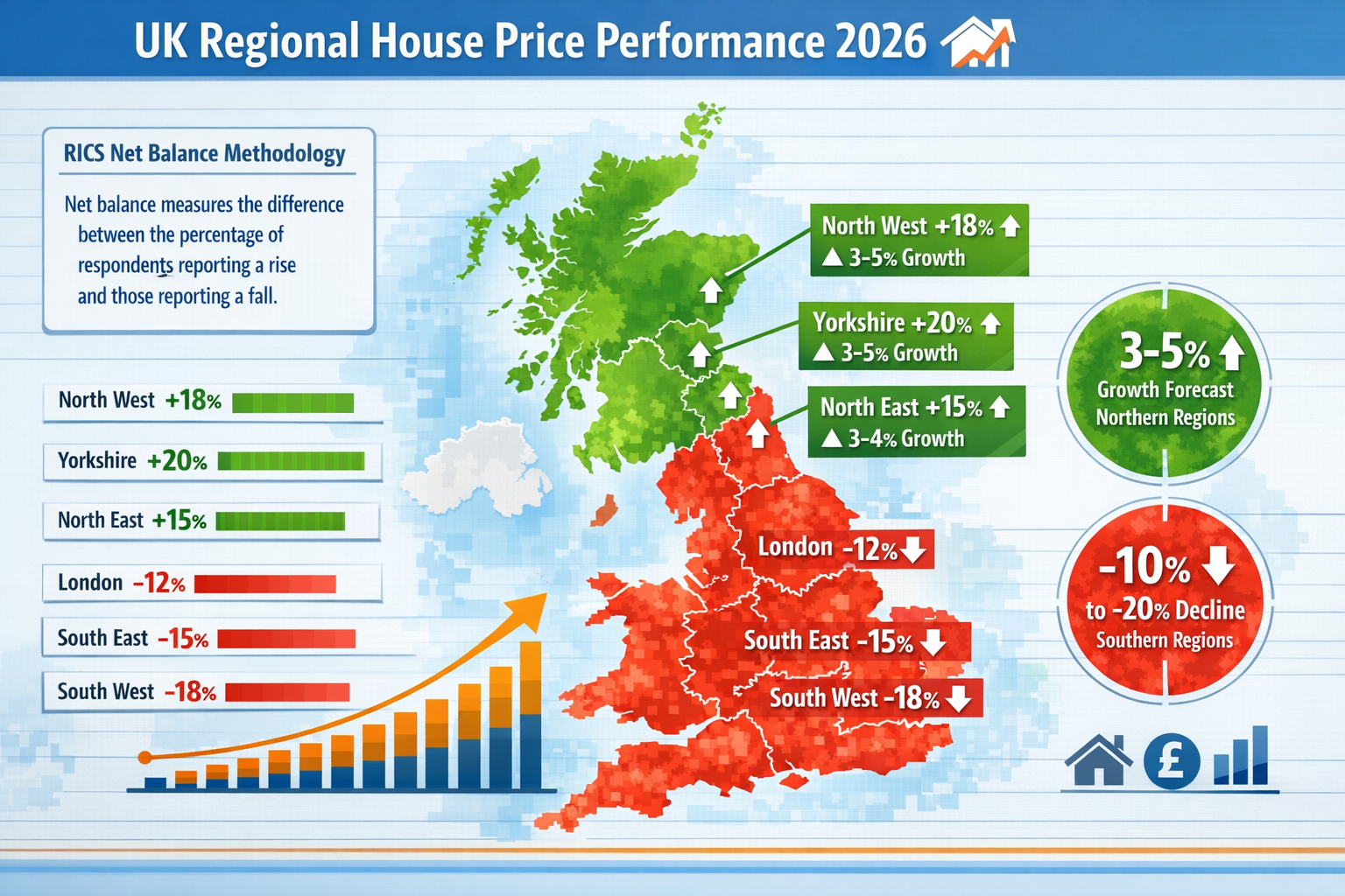Landscape format (1536x1024) detailed infographic showing UK regional house price performance map for 2026, with Northern England (North Wes