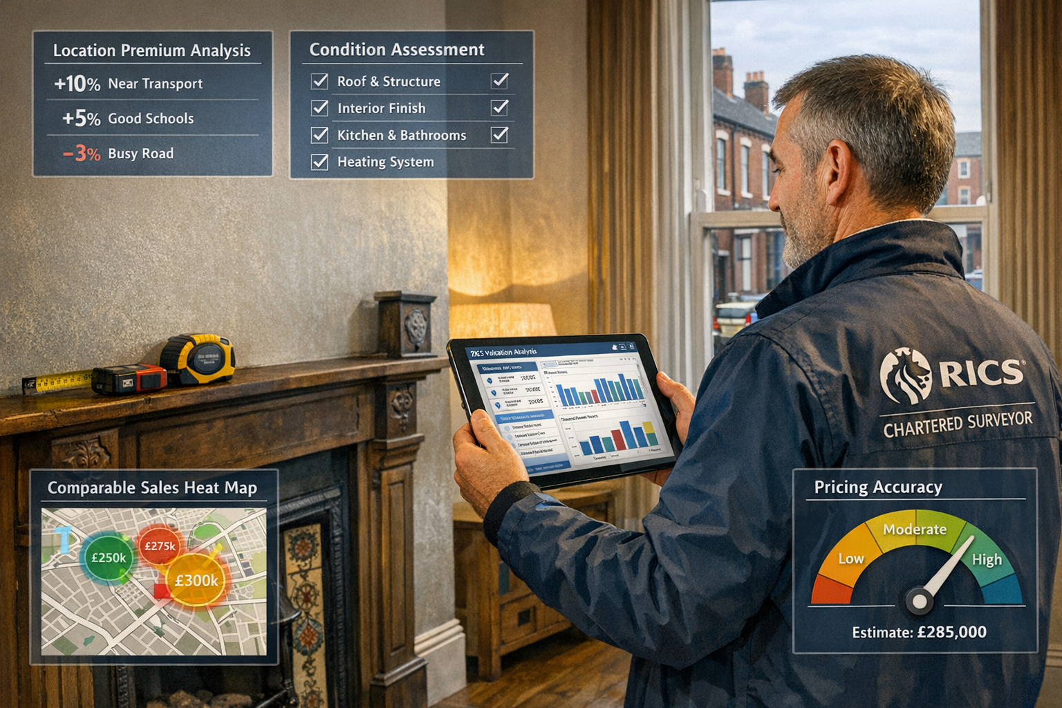 Landscape format (1536x1024) professional scene showing RICS chartered surveyor conducting detailed property valuation in Northern England V