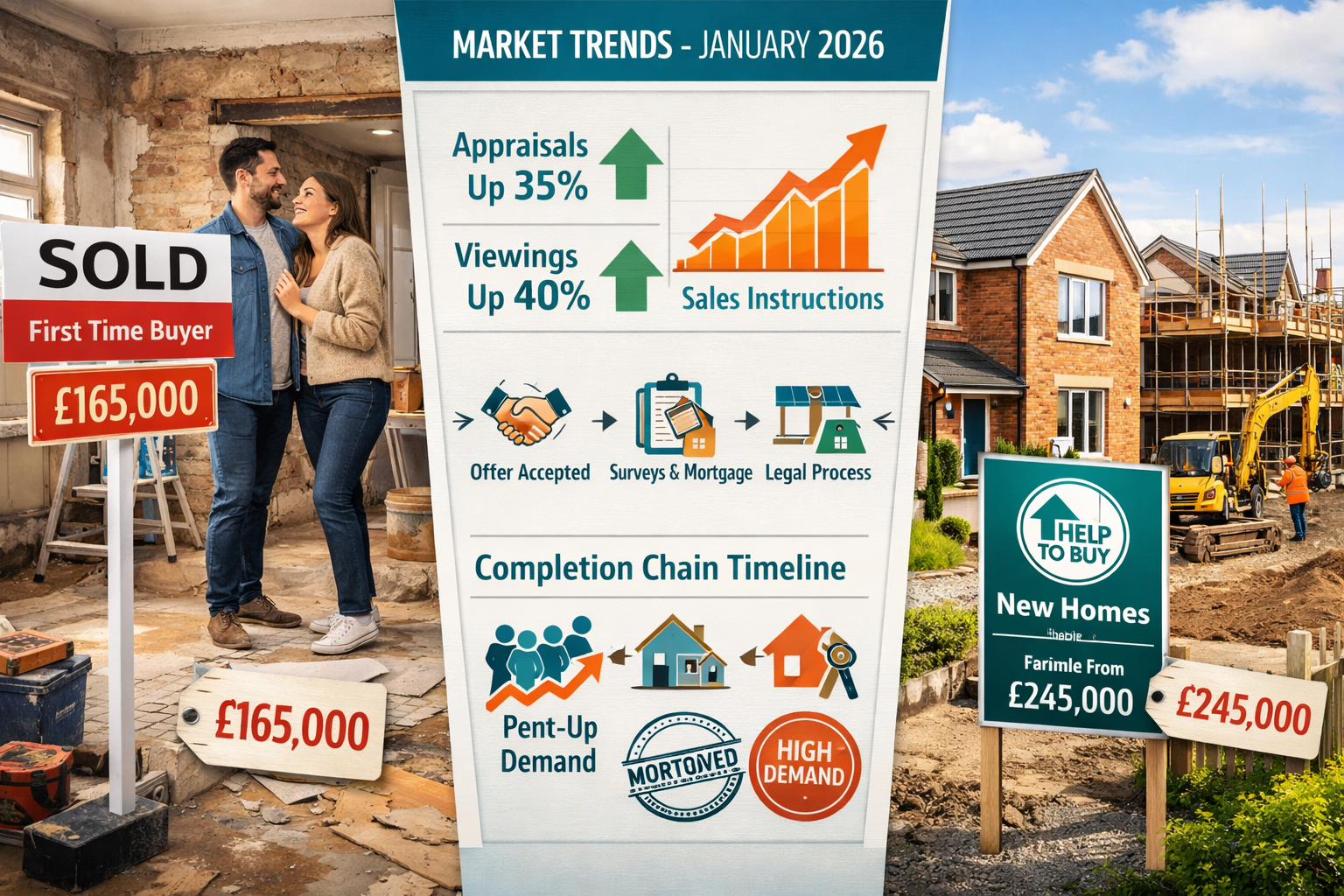 Landscape format (1536x1024) split composition showing transformation of Northern England property market: left panel displays ex-rental pro