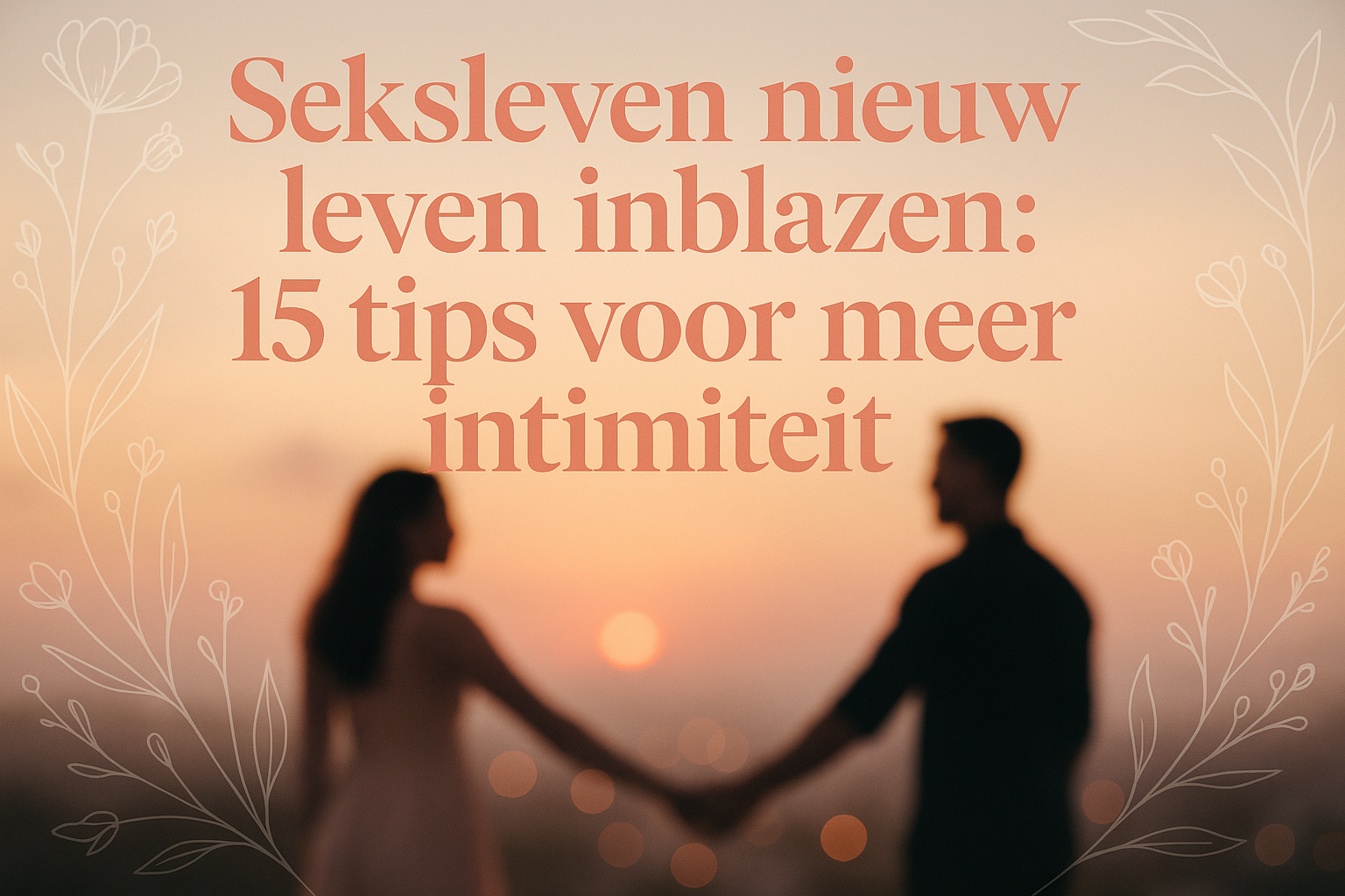 Professional landscape hero image (1536x1024) featuring bold text overlay "Seksleven nieuw leven inblazen: 15 tips voor meer intimiteit" in 