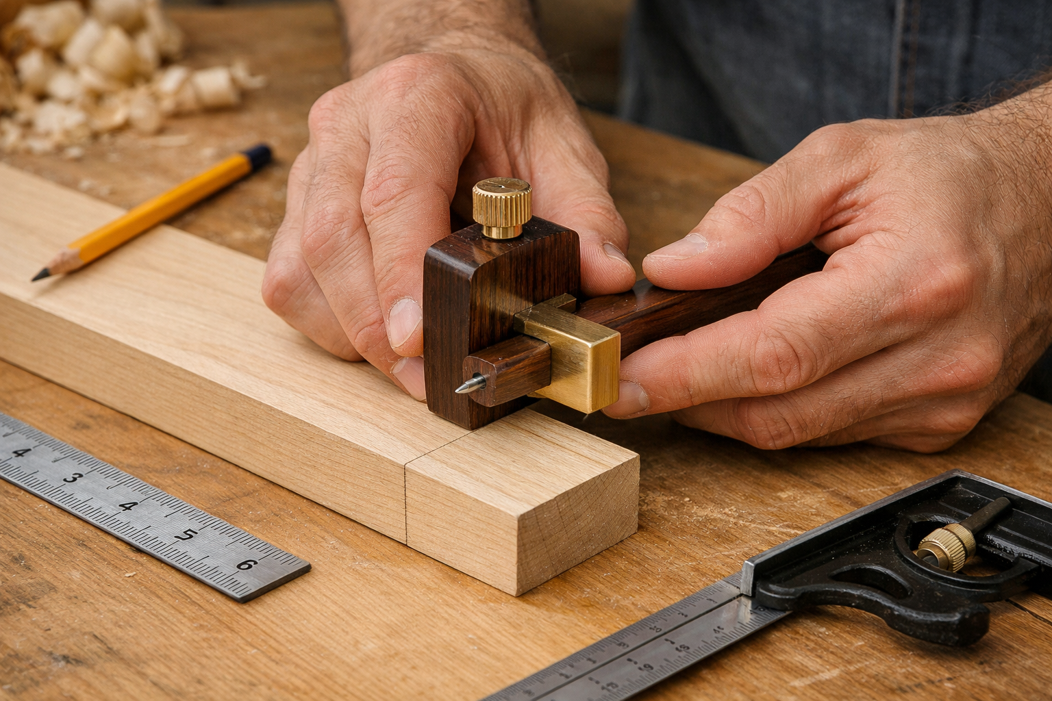 Detailed () image showing a woodworker's hands carefully using a marking gauge to precisely lay out the shoulder lines for a
