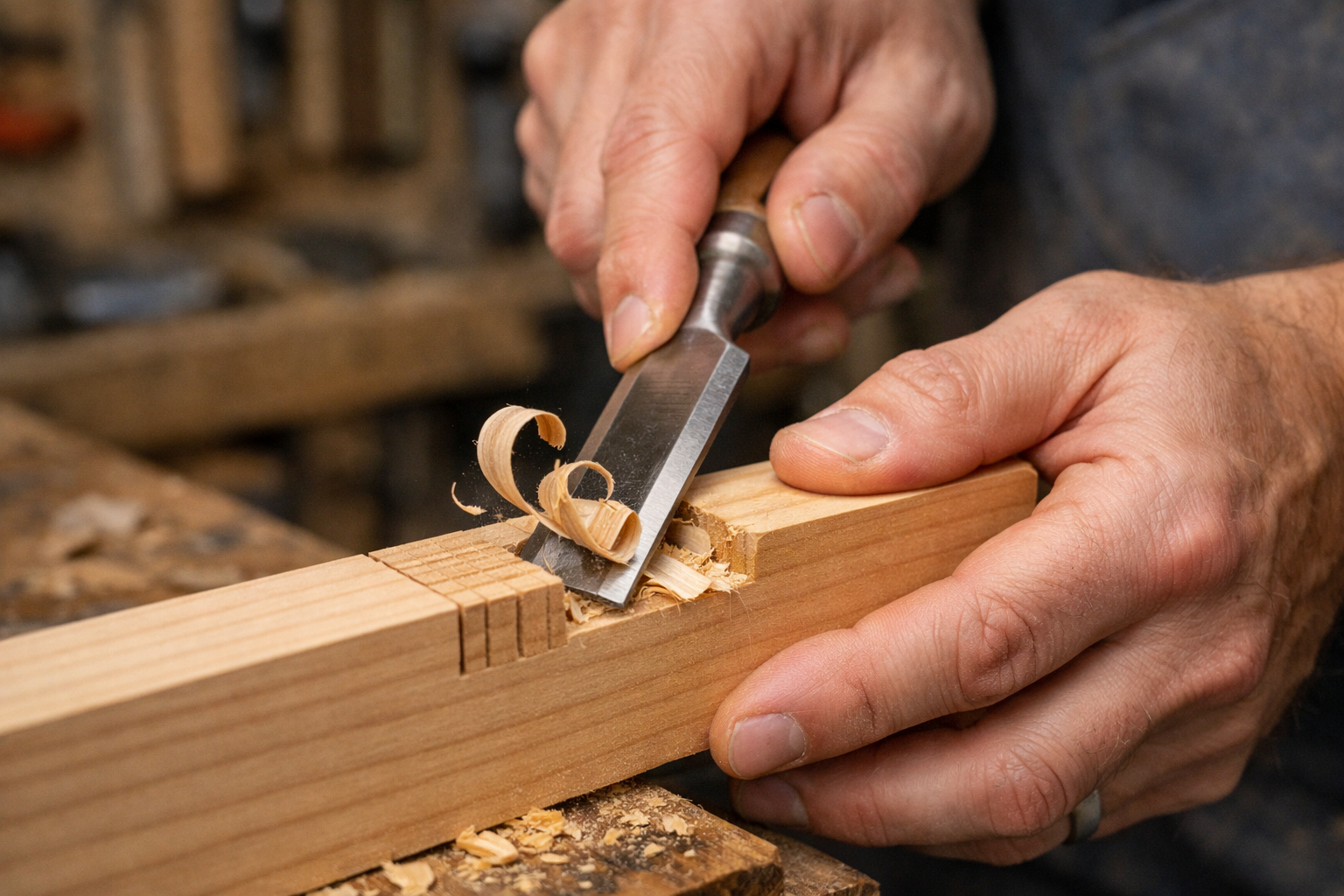 Detailed () image capturing the action of a woodworker paring waste wood from a half-lap joint with a sharp chisel. The