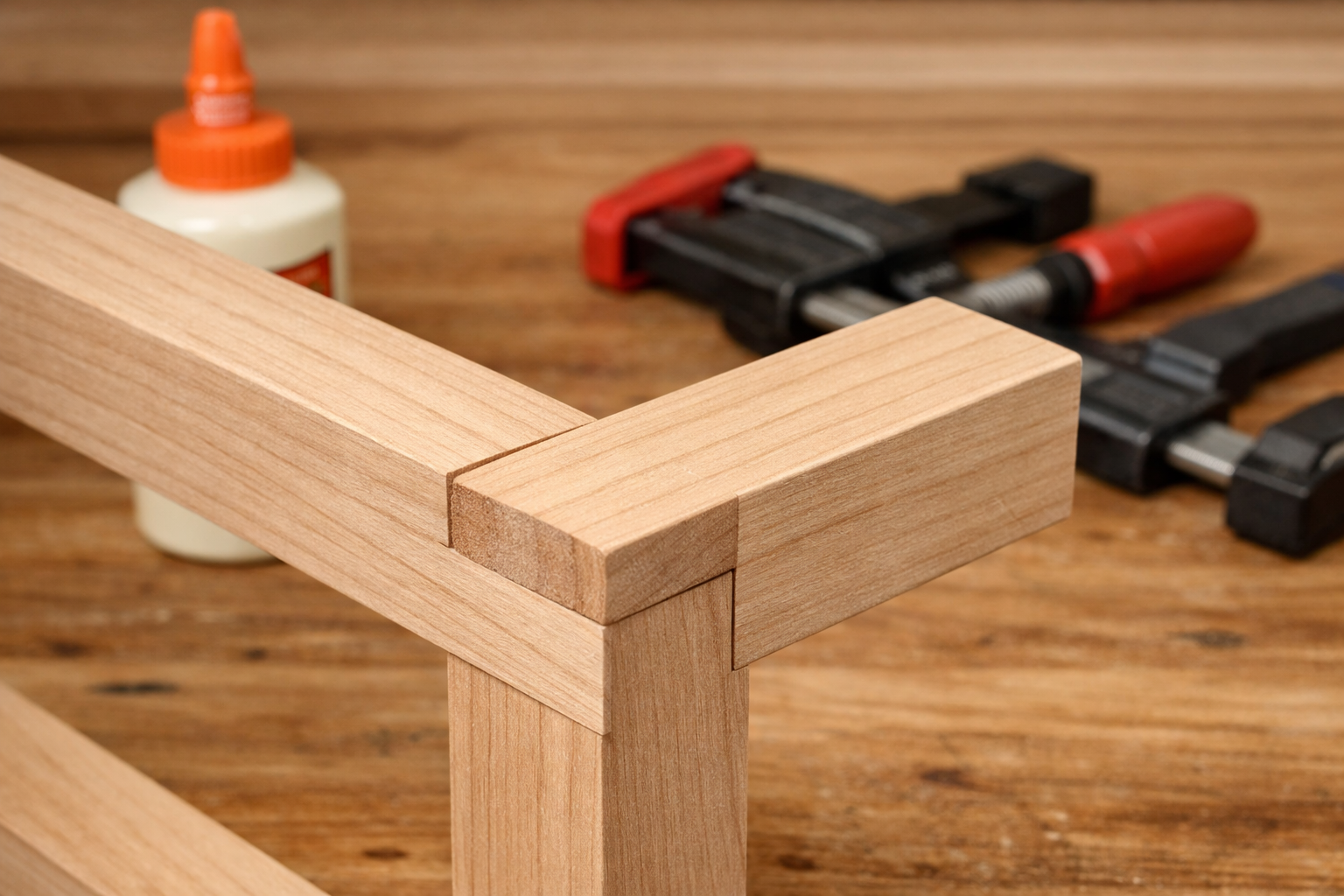 Detailed () image showcasing two perfectly fitted half-lap joint pieces, dry-assembled and ready for glue-up, perhaps