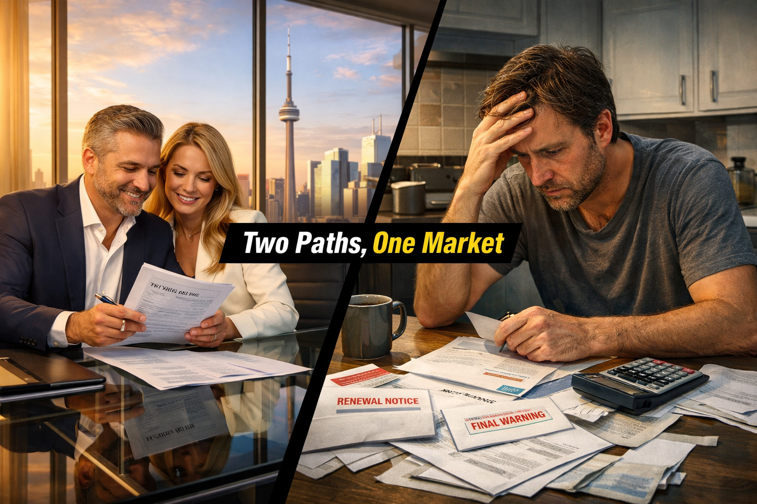 () split-scene editorial image contrasting two buyer profiles side by side: LEFT SIDE shows a confident high-net-worth