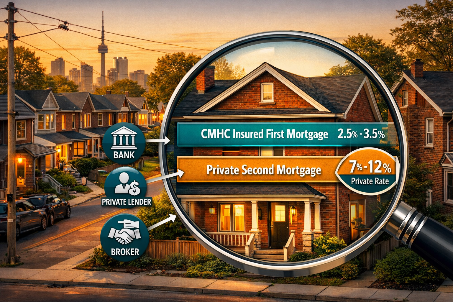() dynamic financial concept image showing a Toronto brick freehold home in center foreground with a magnifying glass