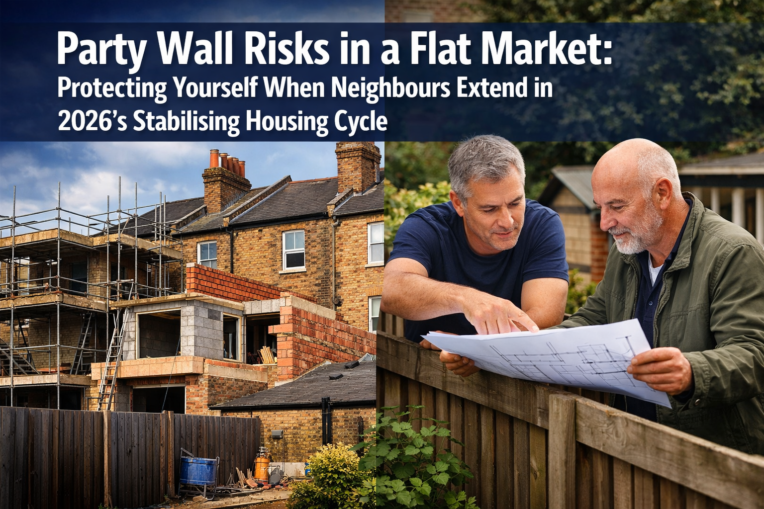 Professional () editorial hero image with 'Party Wall Risks in a Flat Market: Protecting Yourself When Neighbours Extend in