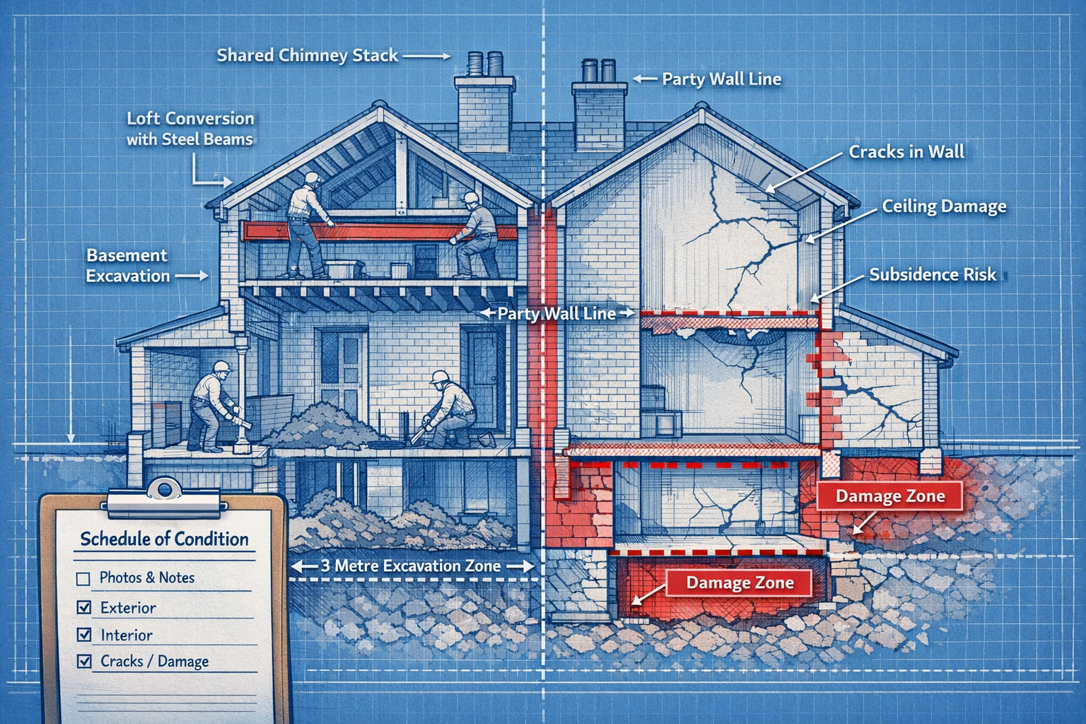 Detailed () architectural cross-section illustration showing two semi-detached houses side by side with transparent walls