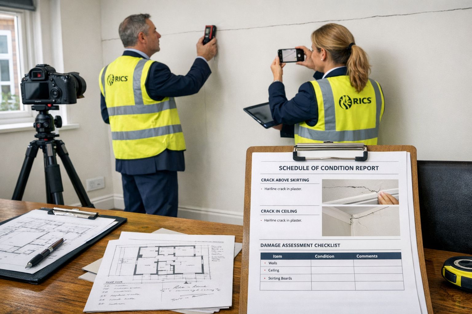Detailed () professional scene showing property surveyors conducting a schedule of condition inspection in a modern terraced