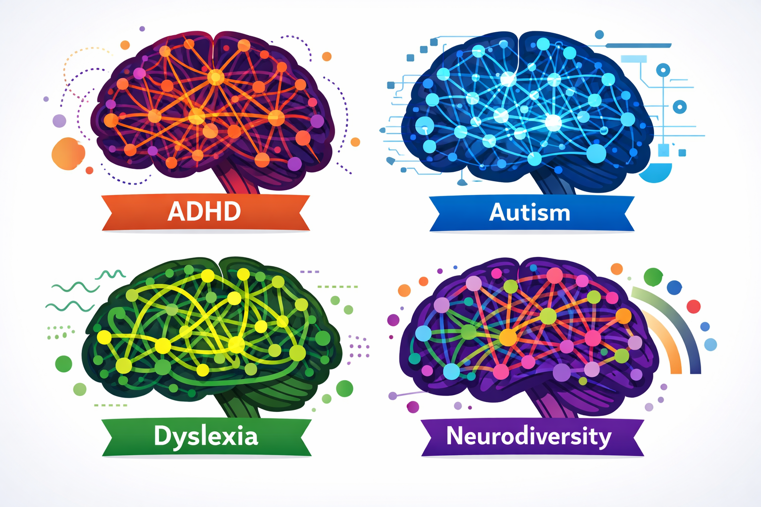 () conceptual illustration showing diverse brain imagery with colorful neural pathways in different patterns representing