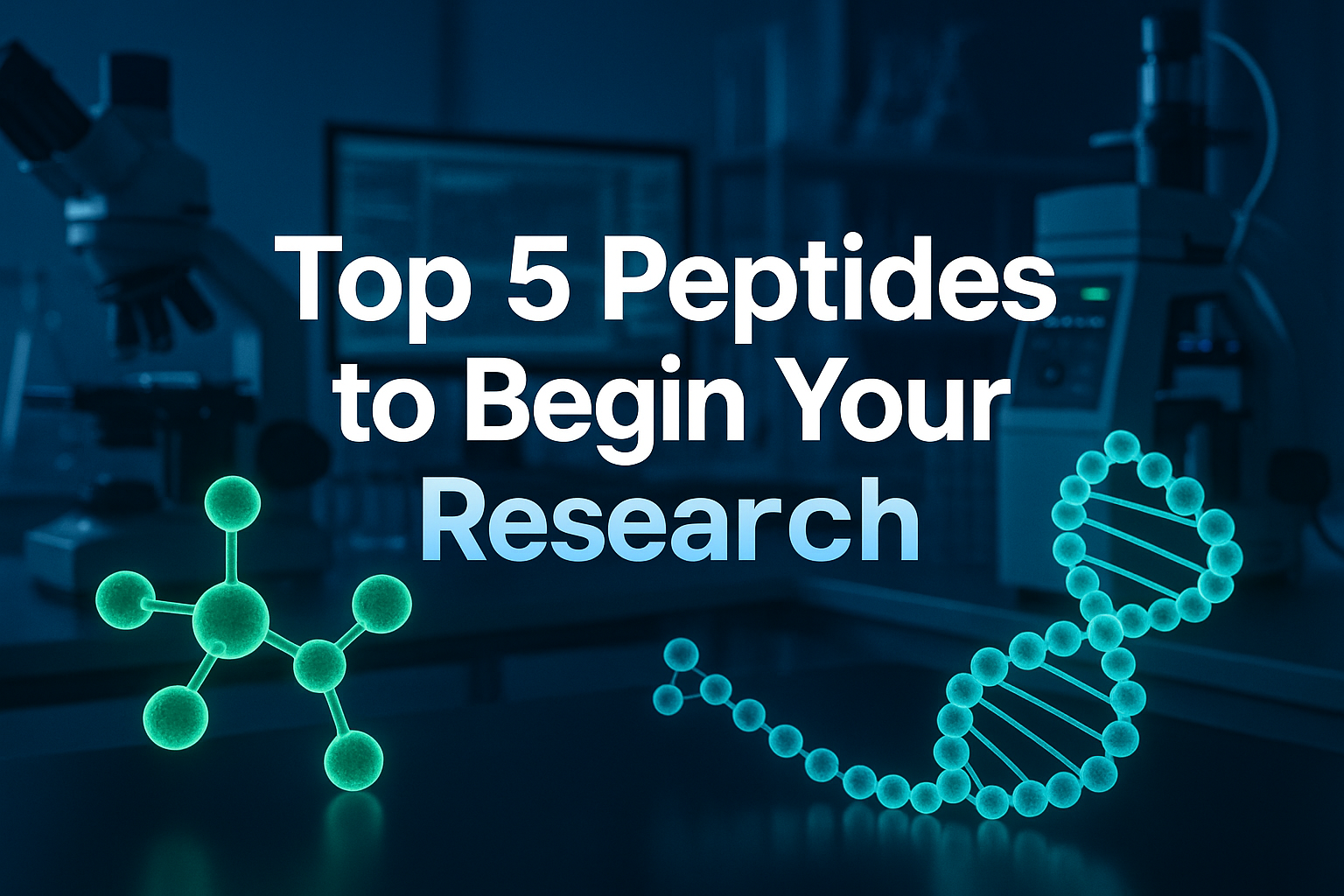 Professional landscape hero image (1536x1024) featuring a sophisticated laboratory setting with glowing molecular models and intricate pepti