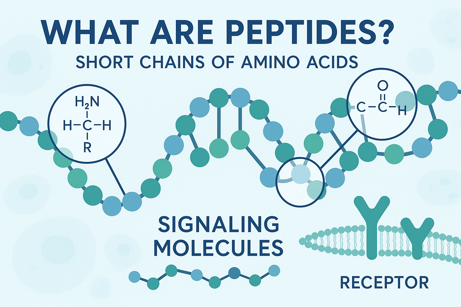 A detailed infographic image (1536x1024) illustrating the 'What Are Peptides?' concept. The image features a stylized representation of amin