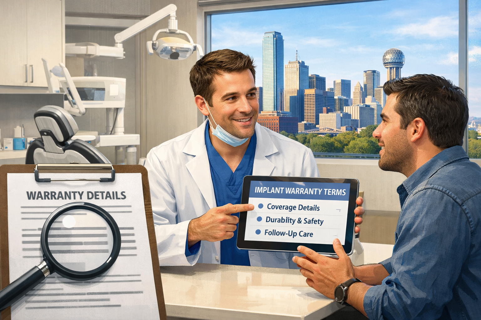 An illustrative scene in () depicting a patient having a consultation with a dentist in a modern Dallas clinic. The patient