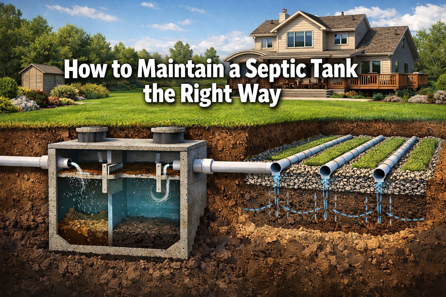 Professional () hero image featuring 'How to Maintain a Septic Tank the Right Way' in extra large white with dark ,