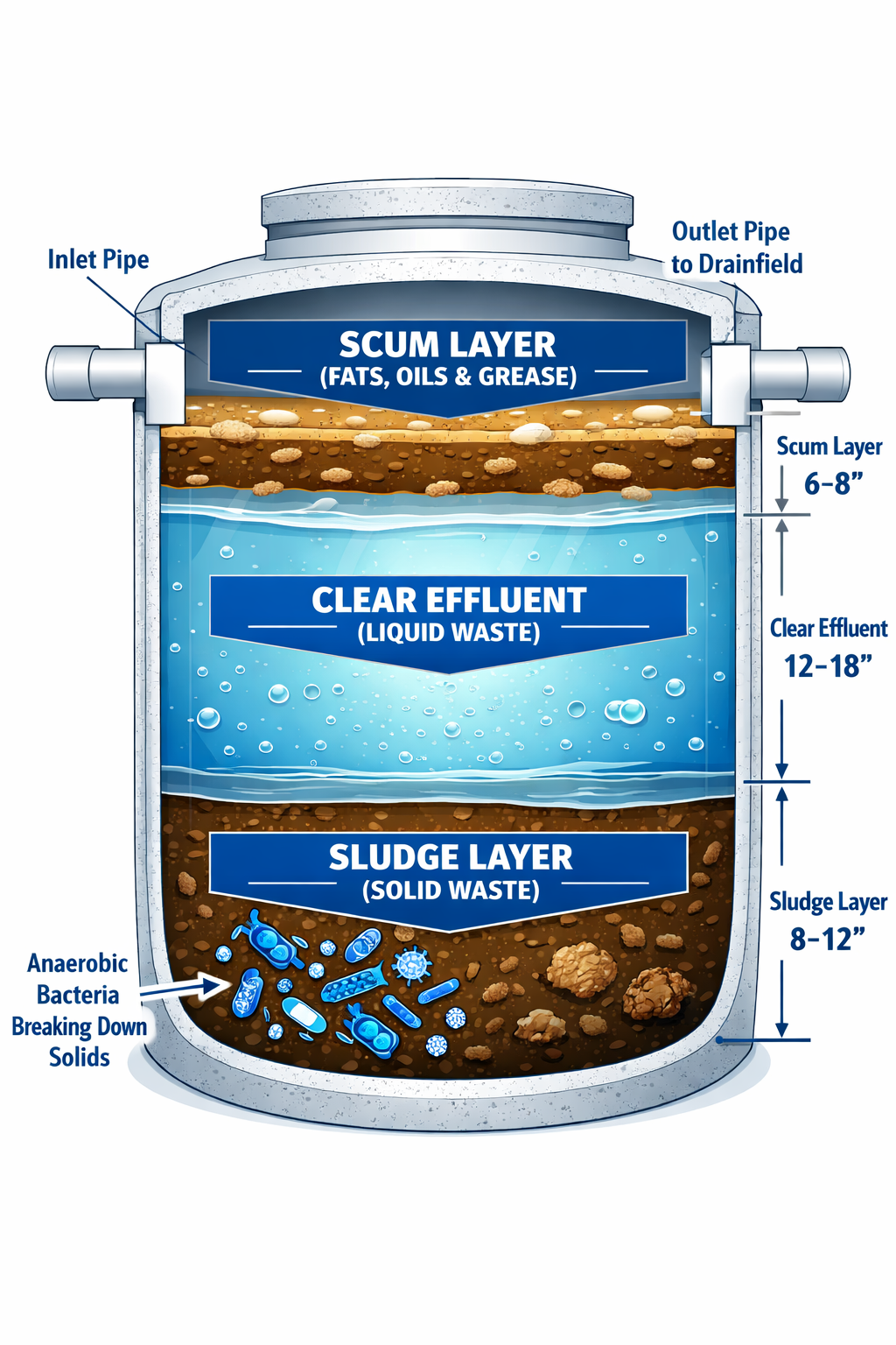 () detailed cutaway illustration of septic tank showing three distinct layers - scum layer at top, clear effluent in middle,