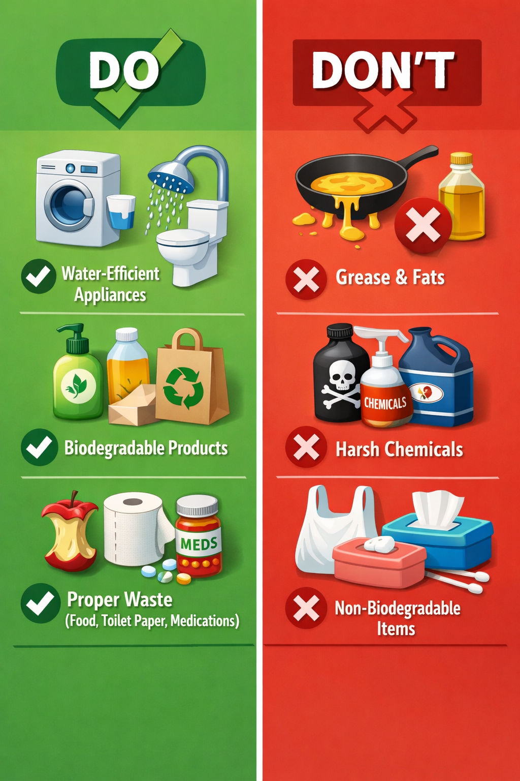() split-screen composition showing 'DO' and 'DON'T' items for septic systems. Left side displays water-efficient