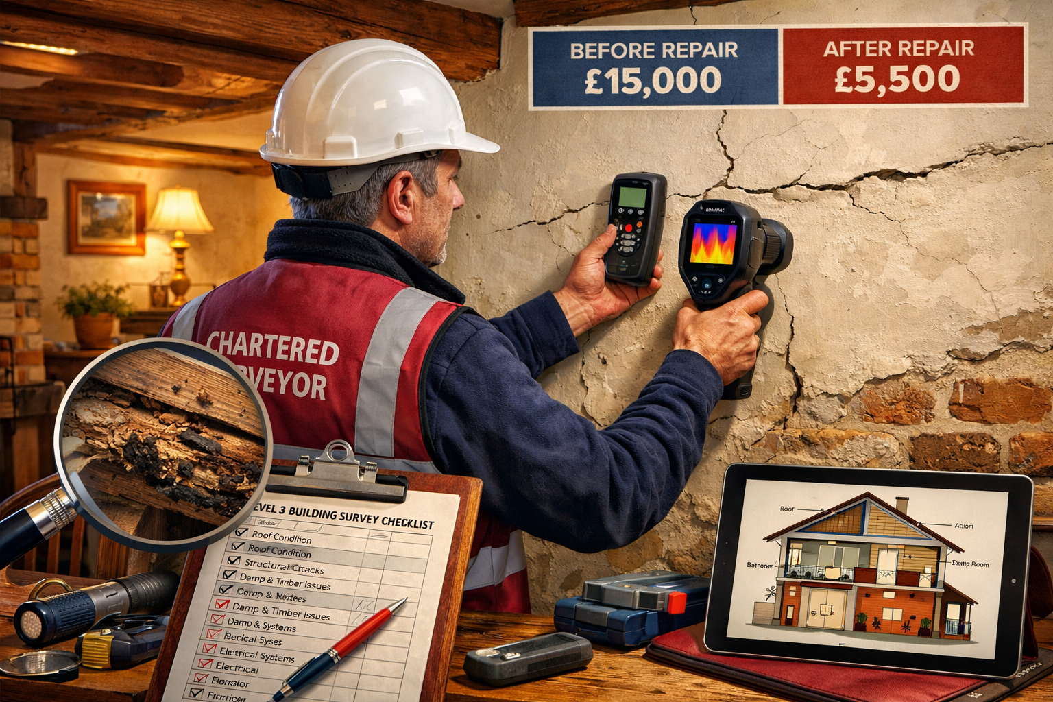 Detailed () image showing professional chartered surveyor conducting comprehensive Level 3 building survey inspection inside