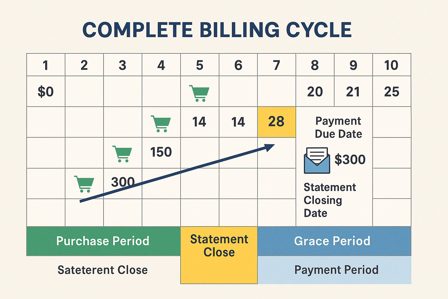Comprehensive landscape diagram (1536x1024) illustrating complete billing cycle timeline from day 1 to day 30 plus grace period. Visual cale