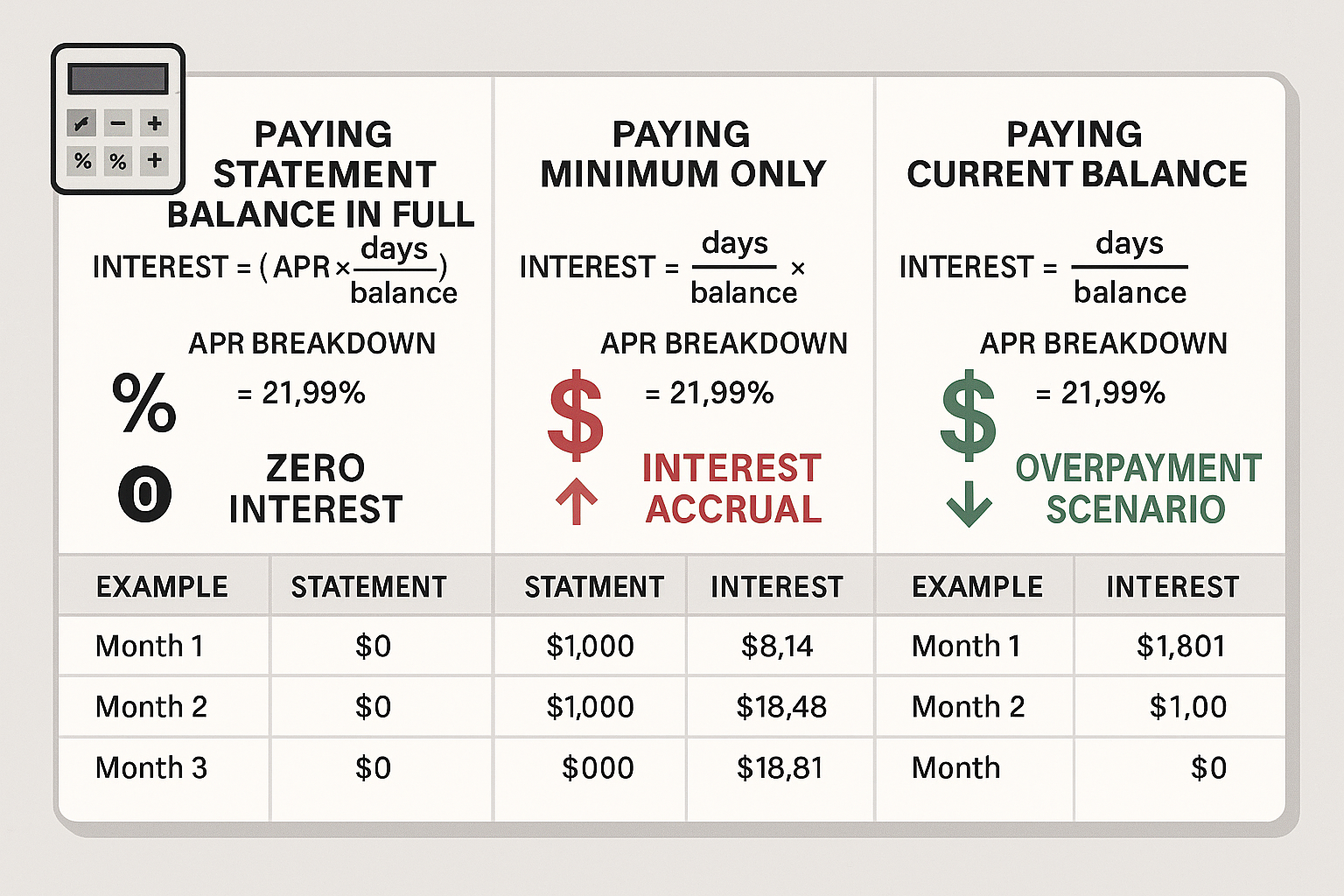 Detailed landscape visualization (1536x1024) showing interest calculation mechanics and payment strategy comparison. Three-column layout com