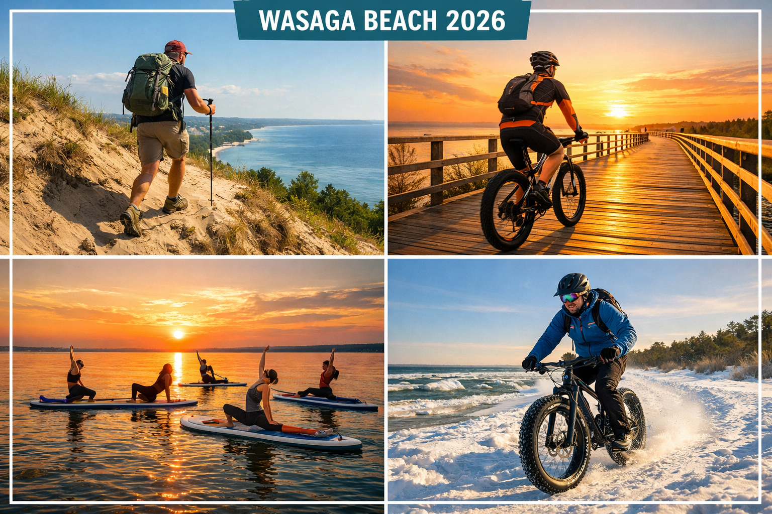 () editorial composite showing four distinct adventure activities at Wasaga Beach in 2026: top-left a hiker ascending a