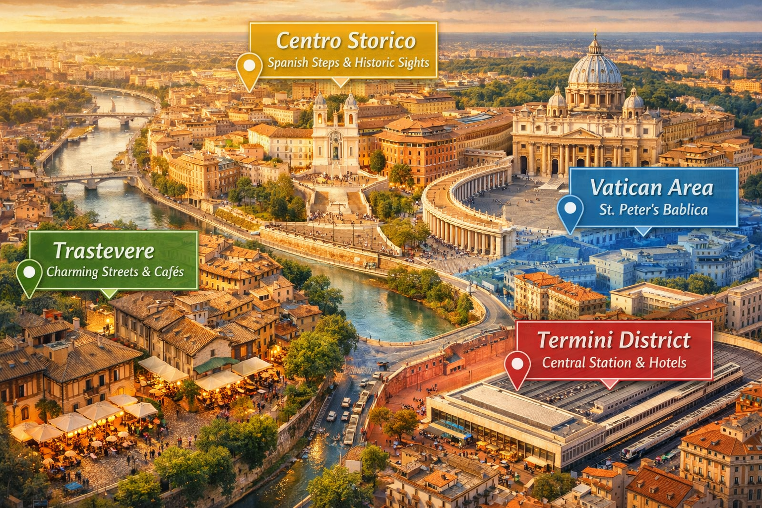 Detailed landscape image (1536x1024) showing Rome's most popular neighborhoods for tourists with visual map overlay. Features iconic landmar