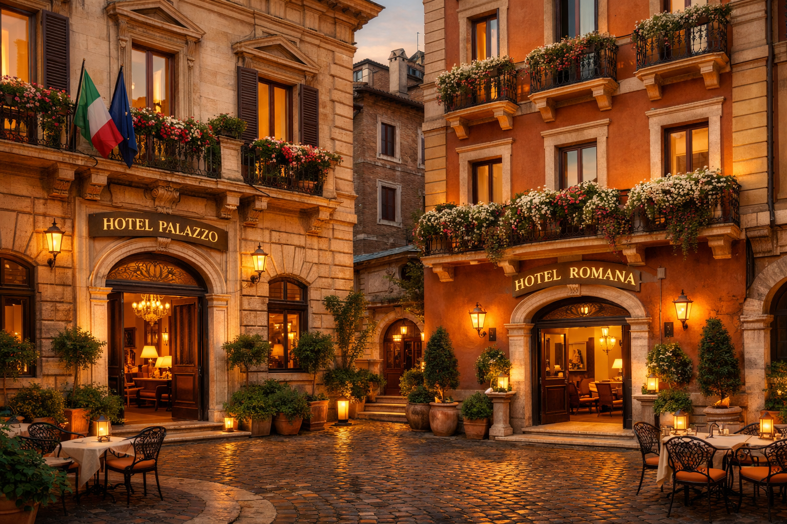 Elegant landscape image (1536x1024) showcasing luxury and boutique hotel exteriors in Rome's historic districts. Features beautiful hotel fa
