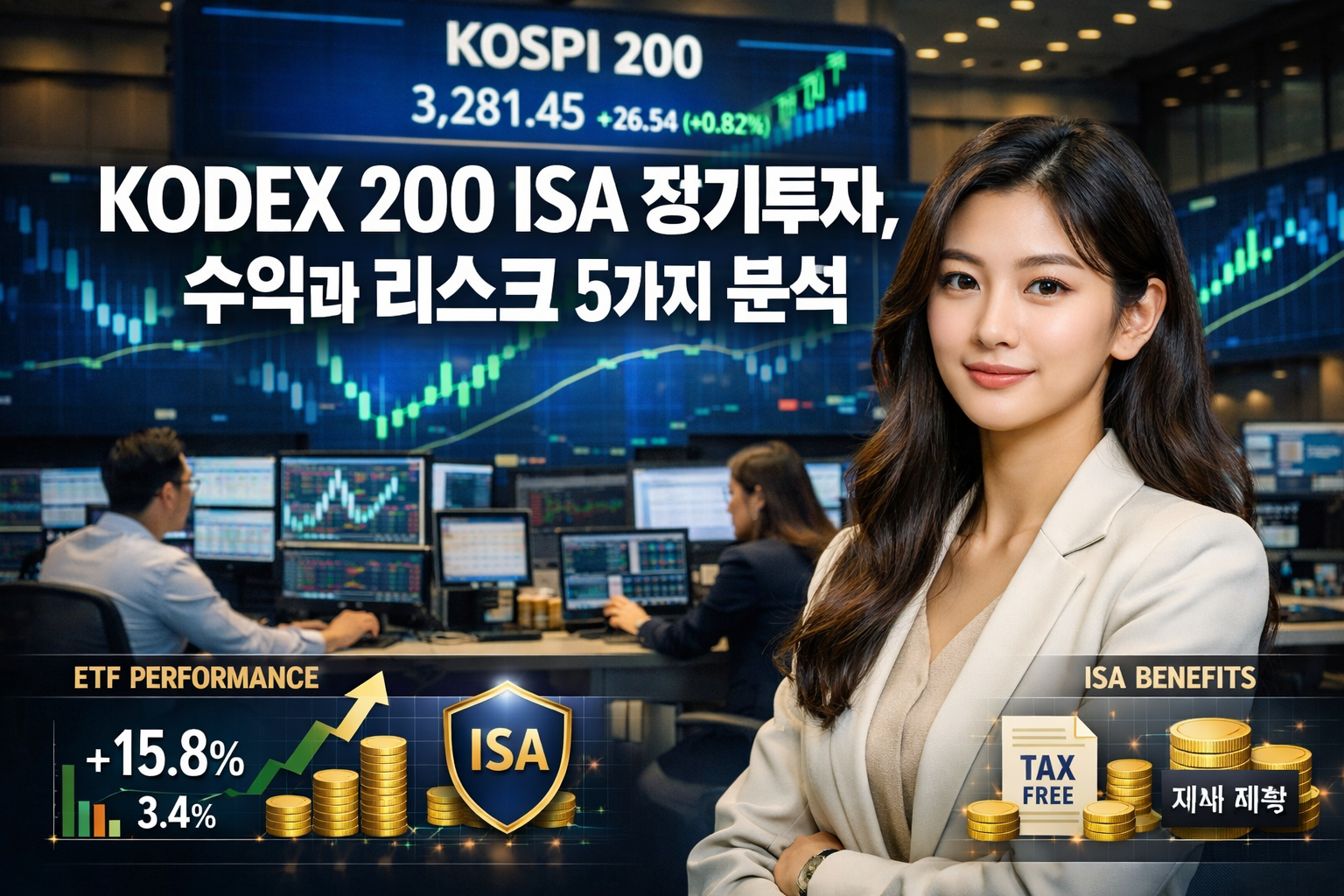 인물은 한국인 20대 아름다운 여성 이미지, 사진처럼 Professional landscape format (1536x1024) hero image with bold text overlay 'KODEX 200 ISA 장기투자, 수익과 리스크 5가지 분