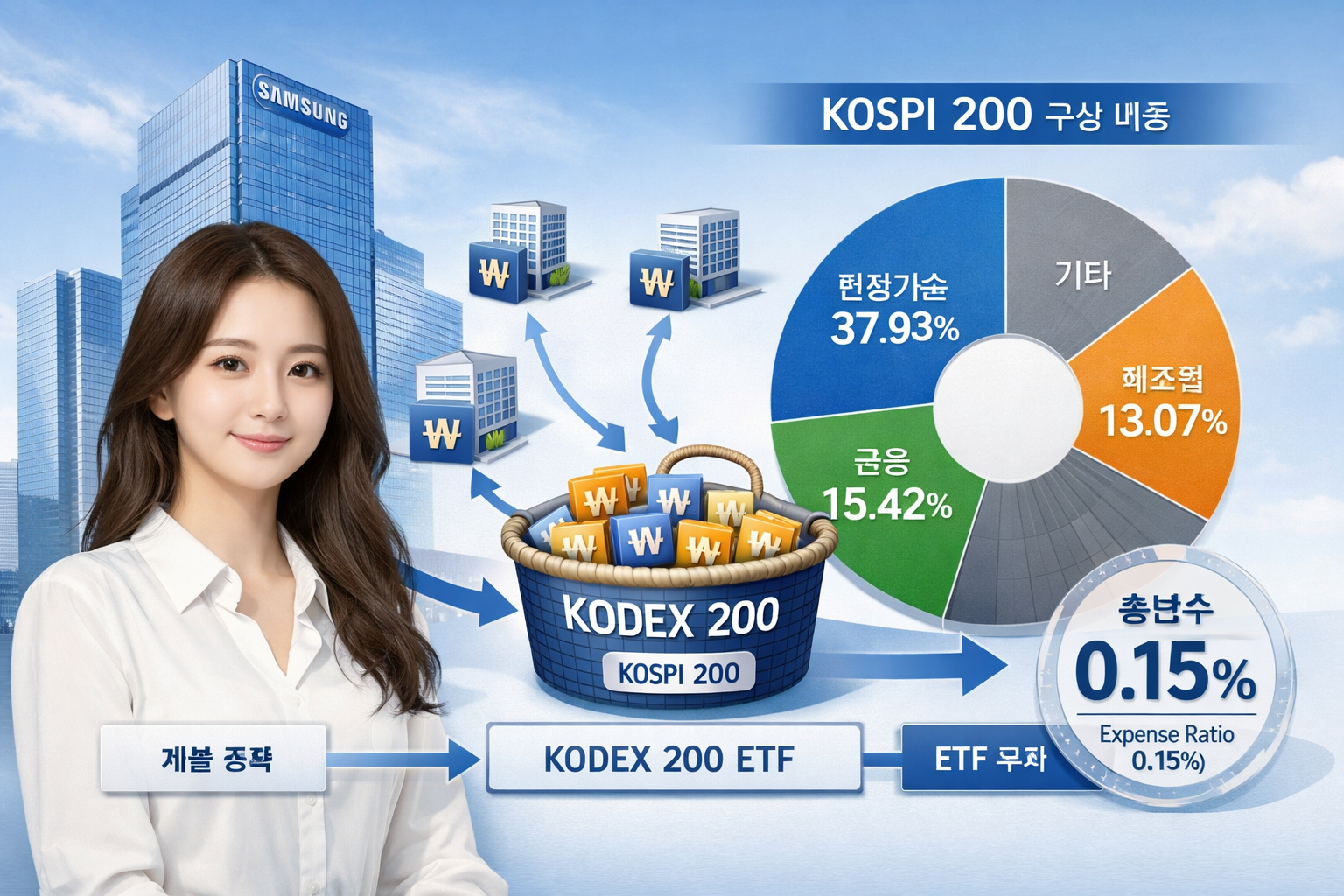 인물은 한국인 20대 아름다운 여성 이미지, 사진처럼 Landscape format (1536x1024) detailed infographic showing KODEX 200 ETF structure with Korean won currency sym