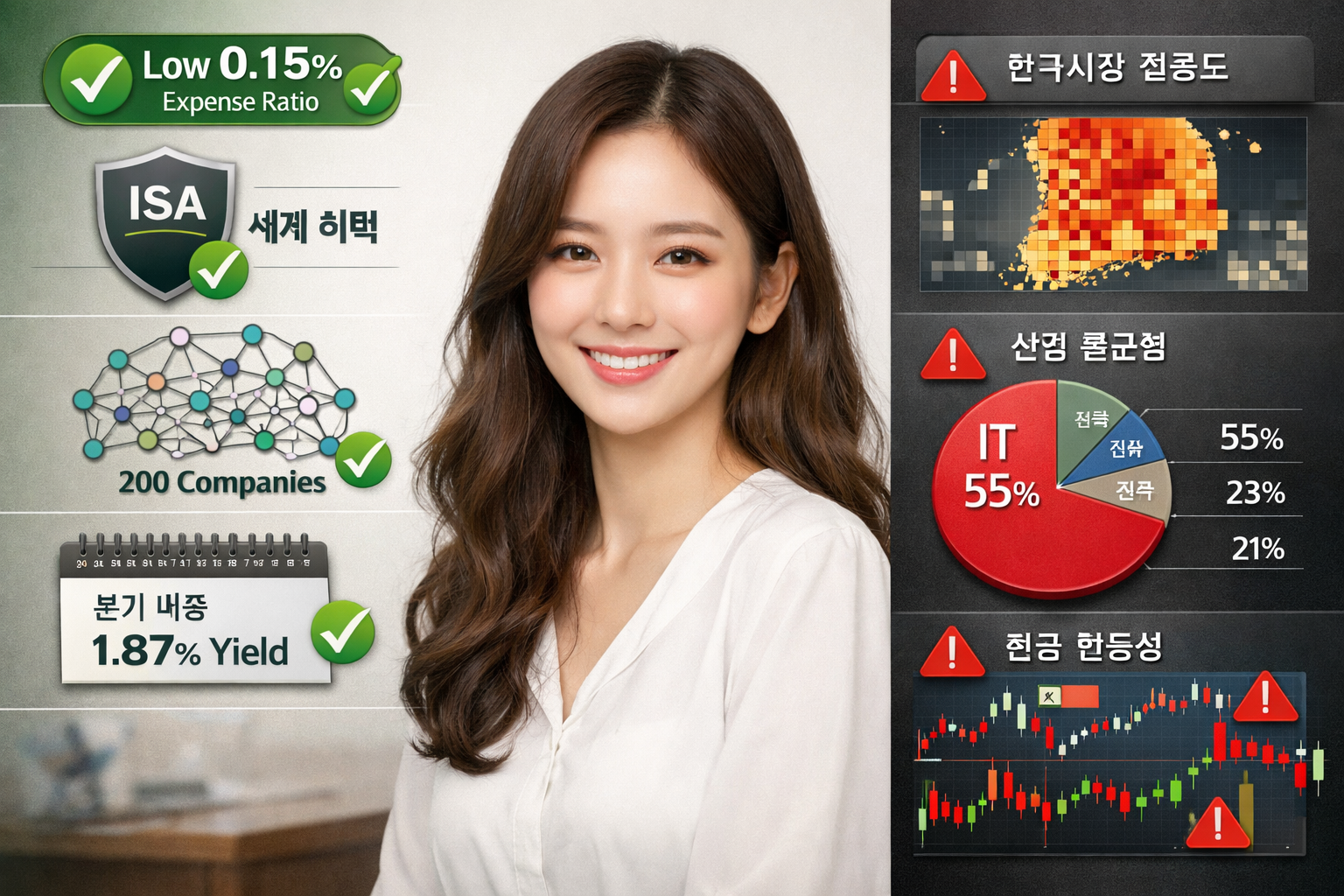 인물은 한국인 20대 아름다운 여성 이미지, 사진처럼 Landscape format (1536x1024) split-screen risk analysis visualization showing left side with green checkmarks 