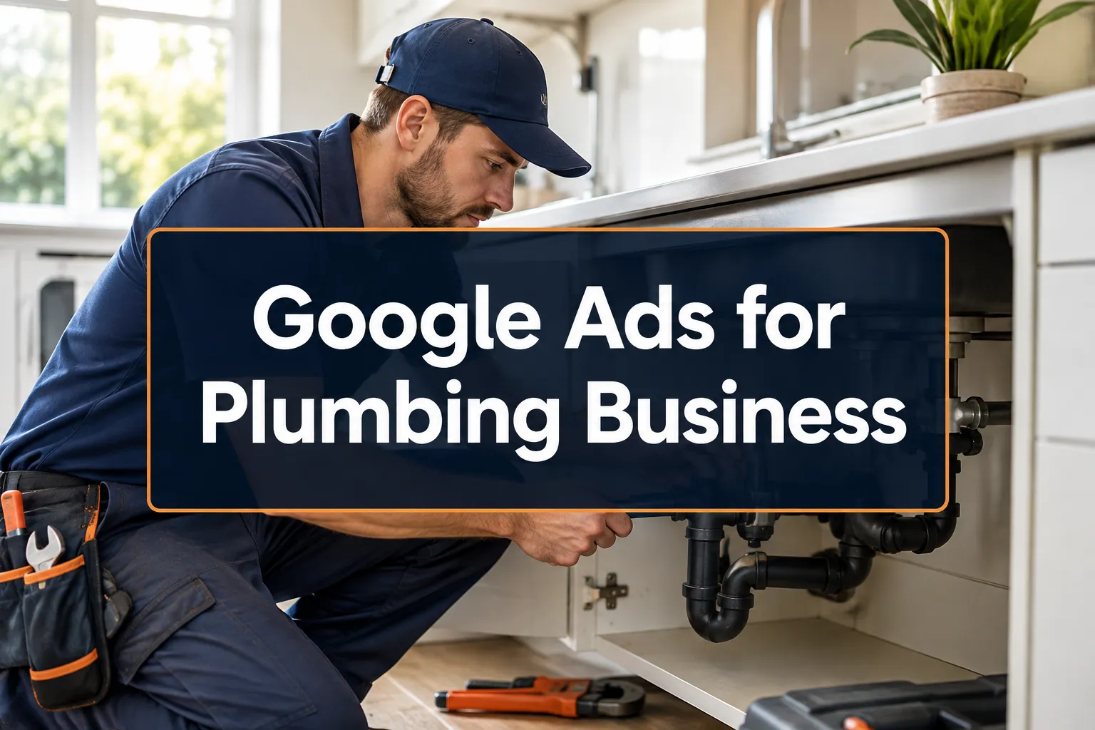 Professional hero image with 'Google Ads for Plumbing Business' in crisp white on a deep navy semi-transparent panel