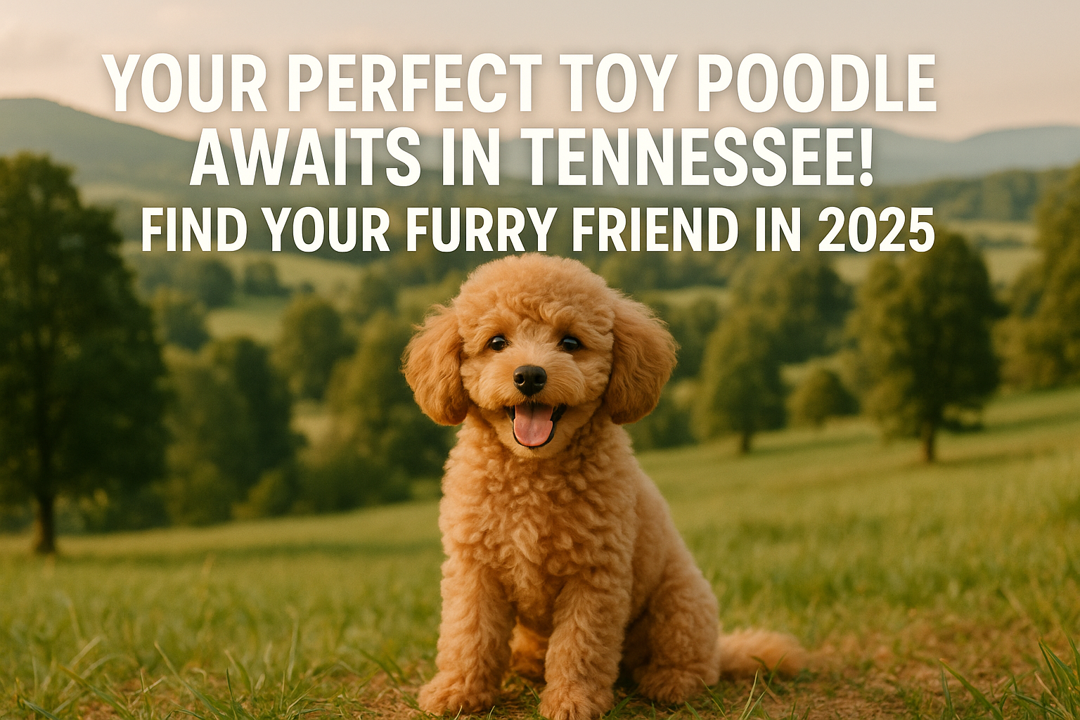 Professional landscape hero image (1536x1024) with bold text overlay: 'Your Perfect Toy Poodle Awaits in Tennessee! Find Your Furry Friend i