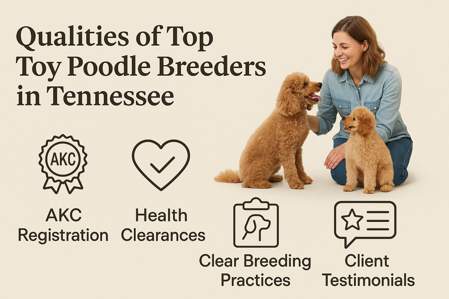 A detailed infographic illustrating the key characteristics of a reputable Toy Poodle breeder in Tennessee. The graphic should feature icons
