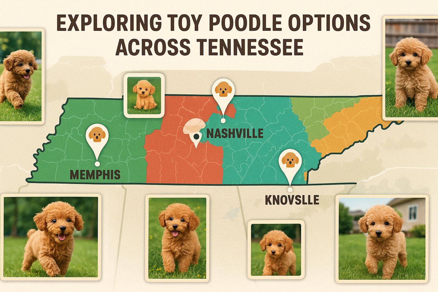 A composite image showcasing a vibrant map of Tennessee with pinpoints indicating various regions (e.g., Nashville, Knoxville, Memphis), eac