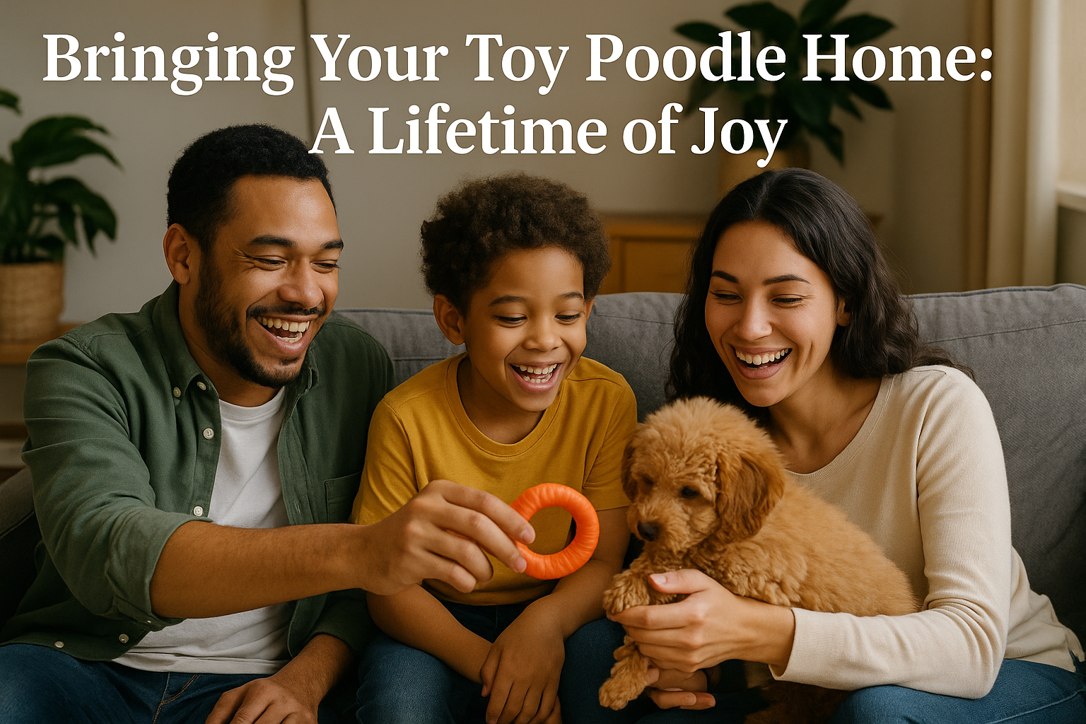 An inspiring image of a happy family (diverse, smiling parents and child) interacting joyfully with their new Toy Poodle puppy in a comforta