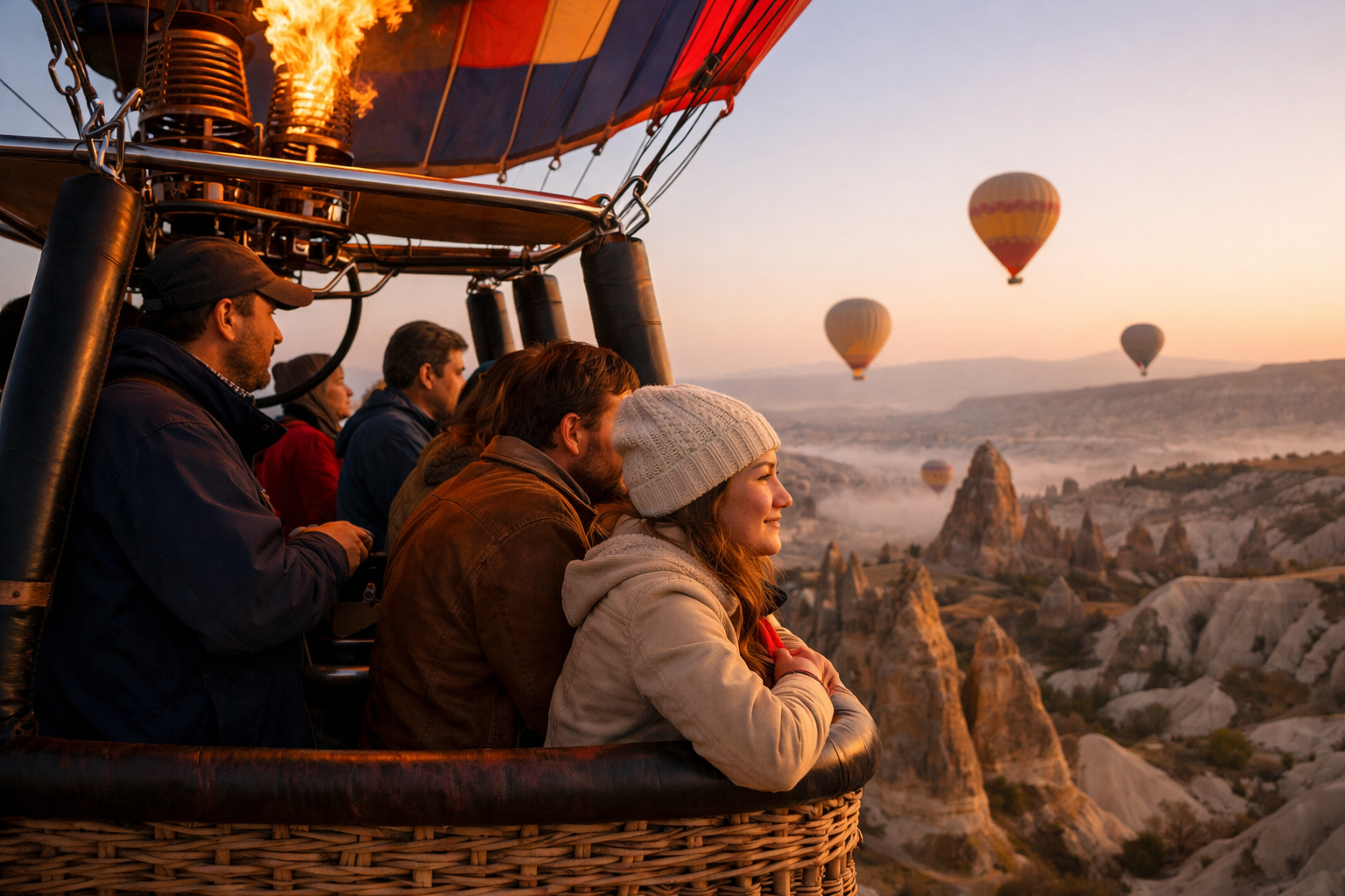 () editorial travel photograph showing a close-up of a hot air balloon basket with passengers gazing over Cappadocia's Rose