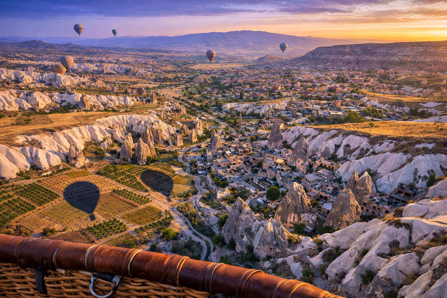 () informational travel image showing a bird's-eye aerial view looking down from inside a hot air balloon basket onto
