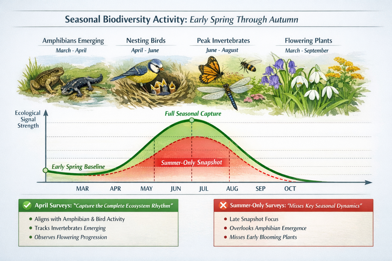 Landscape format (1536x1024) detailed infographic showing seasonal biodiversity activity arc from early spring through autumn, with illustra