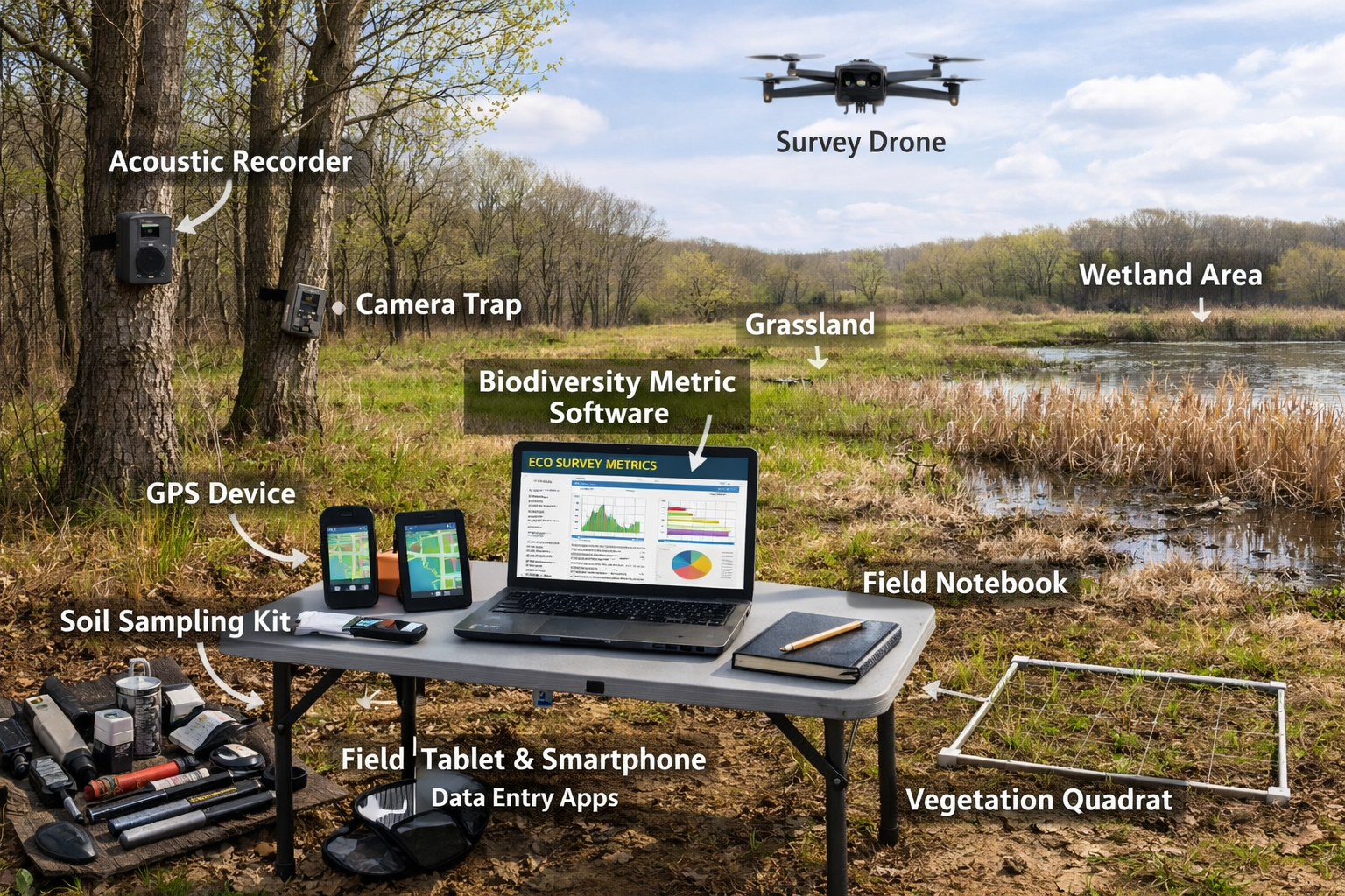 Landscape format (1536x1024) comprehensive field equipment and technology setup for 2026 biodiversity baseline surveys. Scene shows modern s