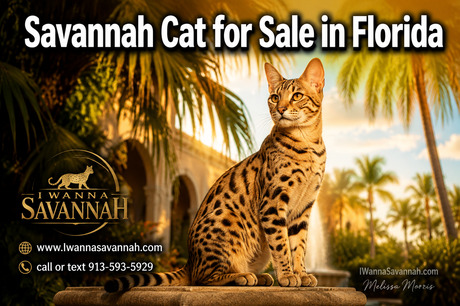 Professional () hero image with : 'Savannah Cat for Sale in Florida' in extra large white with dark drop , centered upper